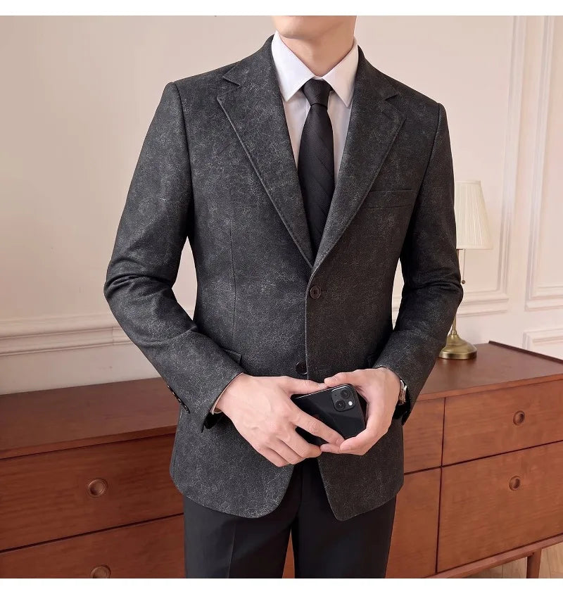 2026 Luxury Leather Suit Jacket Men's Business Casual Leather Men Blazers Social Wedding Groom Banquet Formal Coat Streetwear