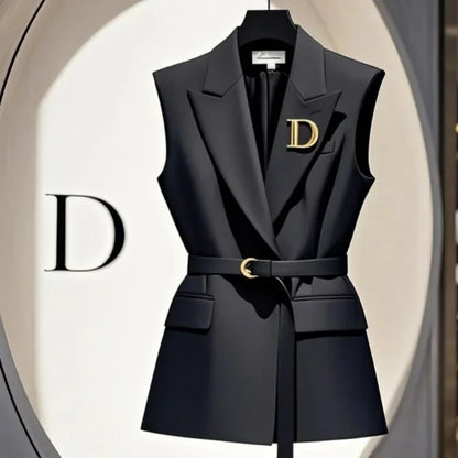 Y2k Vintage Block Coffee Blazers Vest Women Korean Sleeveless Jackets Coat Belt Women Temperament Formal Outerwear Office Lady