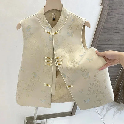 Spring Autumn Chinese Style Sleeveless Vest Coat For Women Stand Collar Jacquard Waistcoat Spring Summer Thin Lined Tank Tops