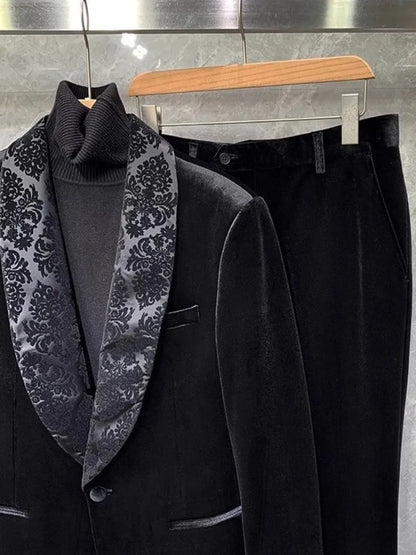 Banquet Elegant Gentlemen Business Fashion Slim Fit New Design Velvet Blazers Pants Mens Two Piece Set Groom Formal Suits Sets