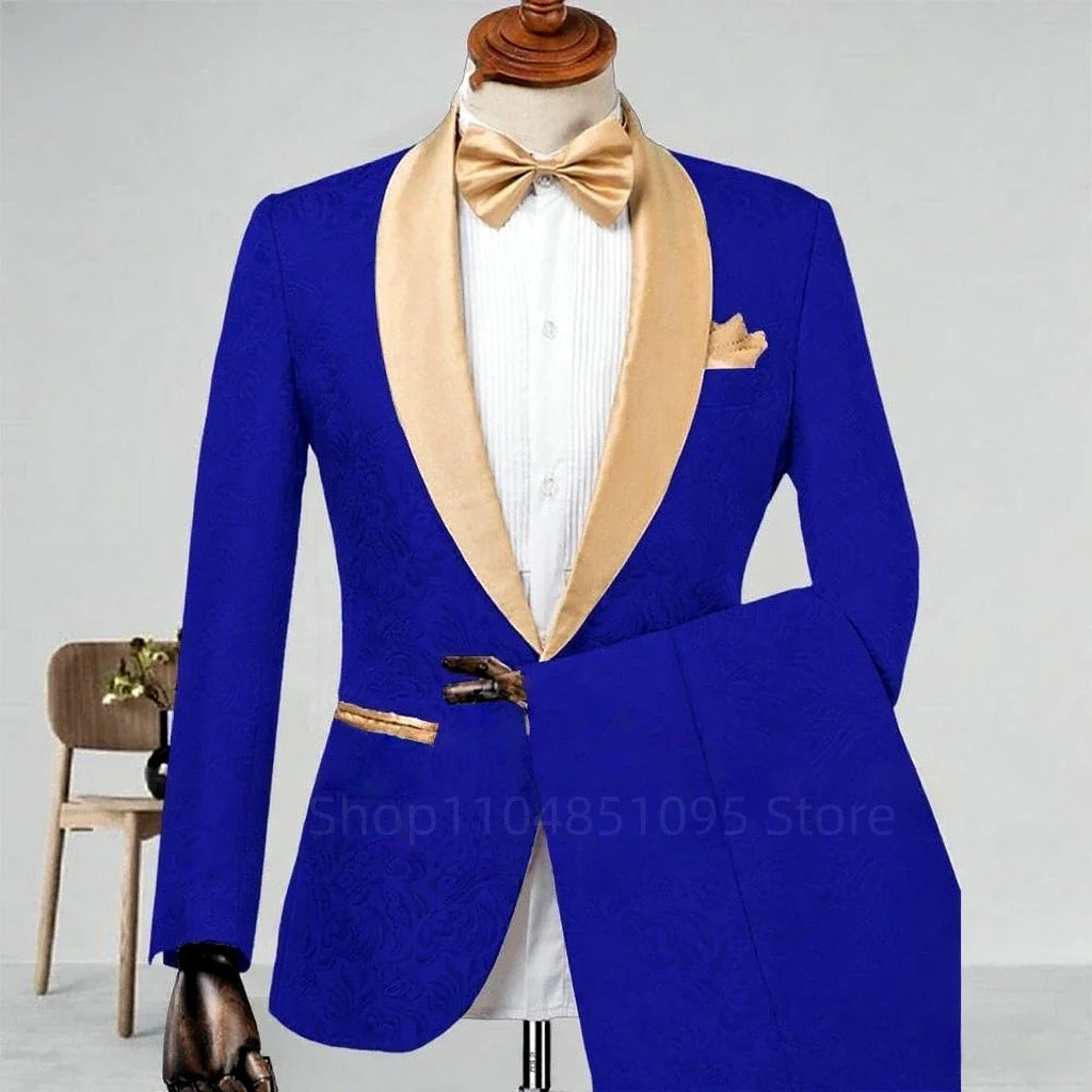 Elegant 2 Piece Jacquard Men Wedding Suits Shawl Lapel Blazer Pants Set Slim Fit Groom Tuxedos Costume Homme For Party Prom