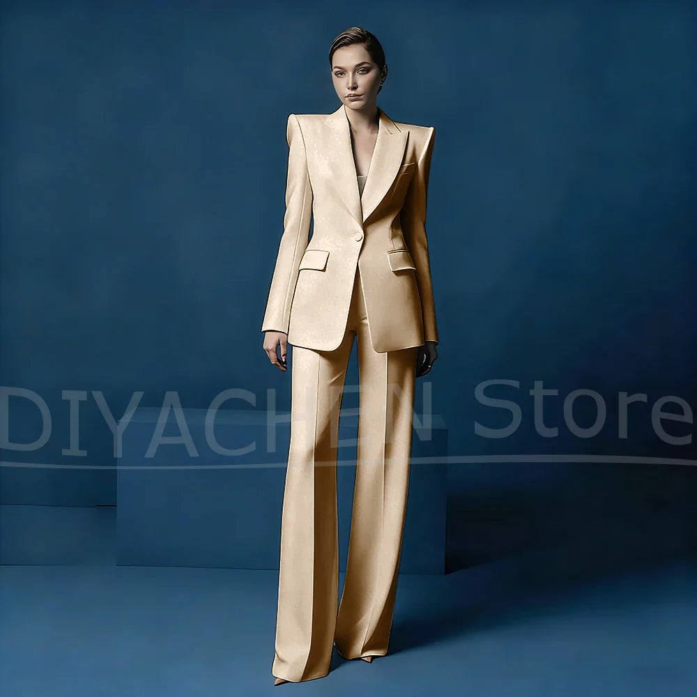 Women's Blazer and Wide-Leg Pants Suit Set Slim Fit One Button Jacket with Peak Lapel Elegant Formal Outfits for Office Party
