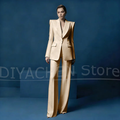 Women's Blazer and Wide-Leg Pants Suit Set Slim Fit One Button Jacket with Peak Lapel Elegant Formal Outfits for Office Party