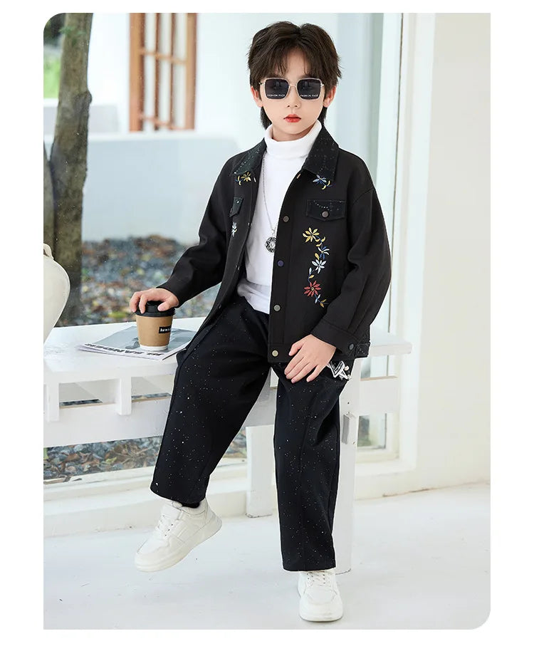 2026 New Autumn Winter Boys' Embroidered Suit Set 90-170 Children's Casual Jackets Pants 2Pieces Clothing Set