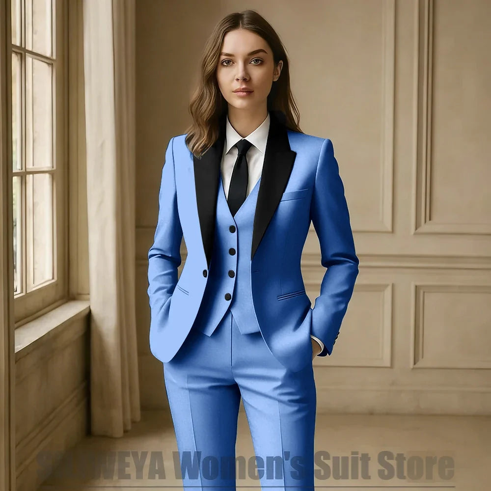 Women Royal Blue 3 Piece Tuxedo Suit Blazer Vest Pants with Black Lapel Slim Fit Formal Party Business Office Outfit