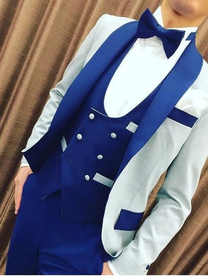 Light Grey Jacket Royal Blue Vest Pant Men Suit Slim Fit 3 Piece Tuxedo Costume Homme Groom Wedding Suits Terno Masculino