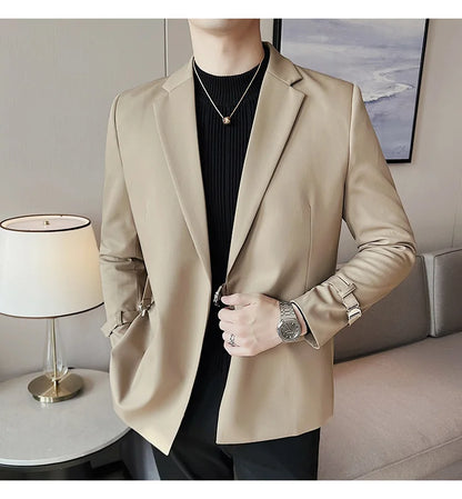 Men's Slim Fit Blazer Metal Buckle Decoration Smart Casual Wedding Party Jacket