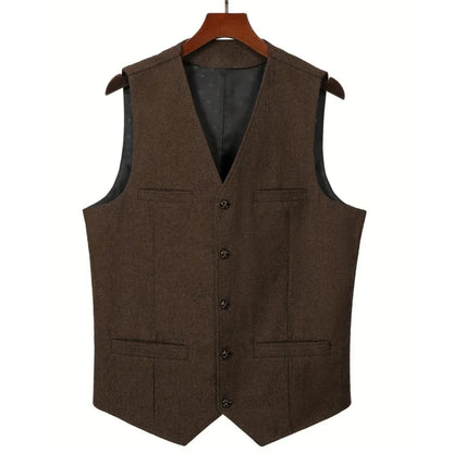 Men's Herringbone Suit Vest – V-Neck Single Button Waistcoat for Weddings, Business & Smart Casual Wear