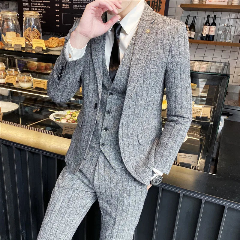 Men's 3-Piece Slim Fit Striped Plaid Suit Set with Vest and Trousers – Wedding & Business