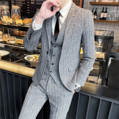 Men's 3-Piece Slim Fit Striped Plaid Suit Set with Vest and Trousers – Wedding & Business