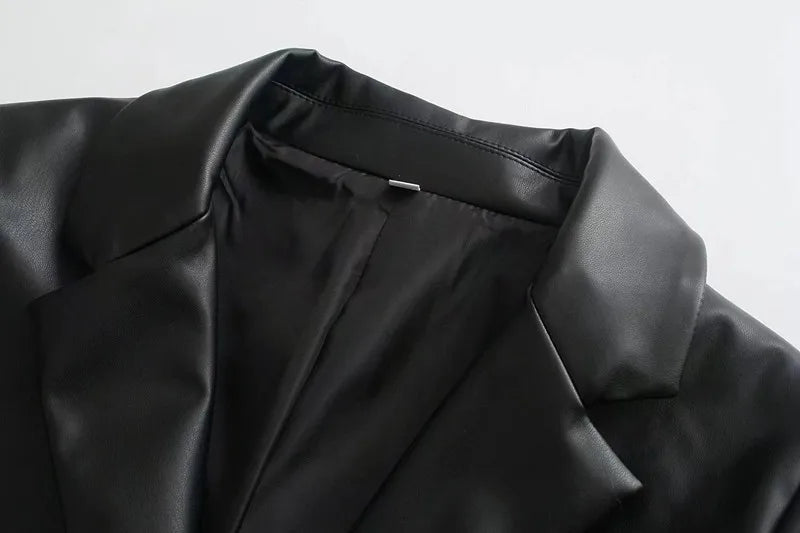 Winter 202 Women's Leather Look Suit Jaet Faionable Commute Sle Long Sve Single Button Closure Regular Length Coat