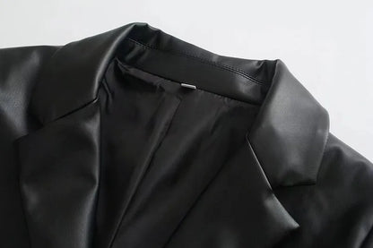 Winter 202 Women's Leather Look Suit Jaet Faionable Commute Sle Long Sve Single Button Closure Regular Length Coat