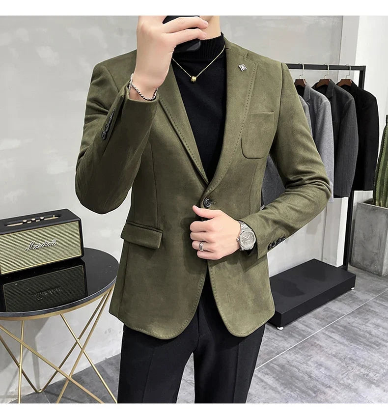 2023 Spring Suede Suit Jacket Men Casual Business Slim Fit Blazer Deerskin Leather Jacket Men Wedding Street Wear Social Coat