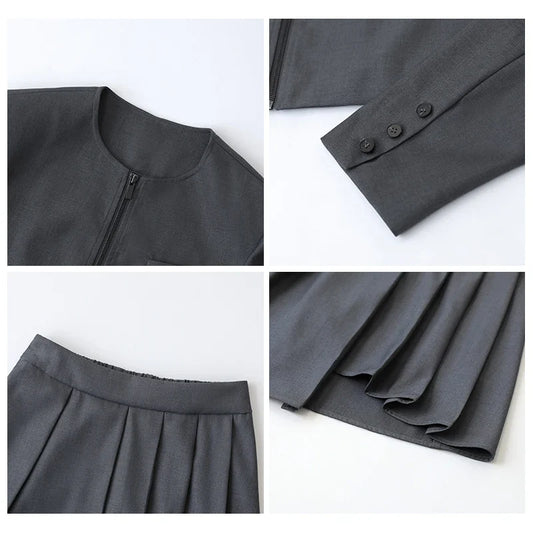 Women's Blazer Skirt Suits Long Sleeve Solid Short Jacket A-line Pleated Two-piece Set Female Coat Spring Summer 2022