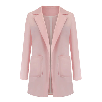 Women's Casual Blazer Notched Lapel Long Sleeve Open Jacket with Pockets Slim Fit Spring Autumn Office Lady Streetwear Coat