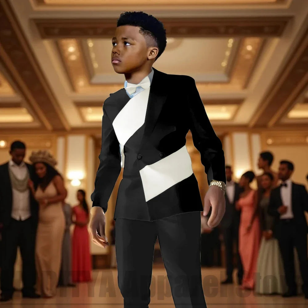 Fashion Contrast Color Children's Suit 2 Piece Double Breasted Outfit Formal Wedding Party Prom Boys Suits (Blazer+Pants)