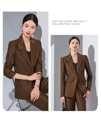 Women Blazer Pants Sets Apricot Appliques Two Pieces 2024 Autumn Work wear Trousers Formal Solid Color Long Sleeve Tops Pantsuit