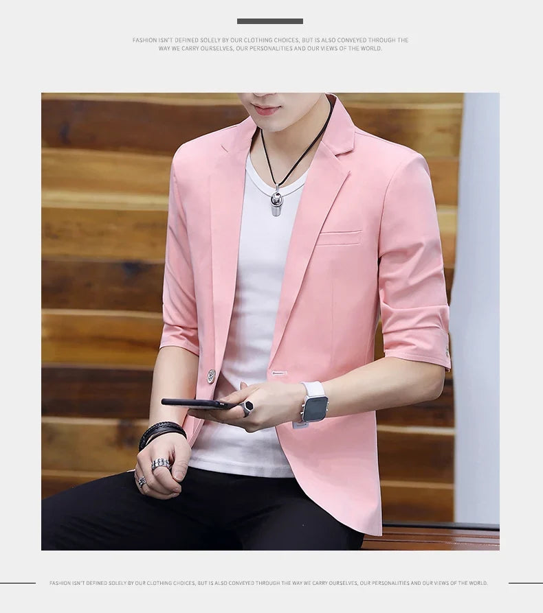 Summer 2025 Men's Mid-Sleeve Slim Fit Suit Korean Style Handsome Youth Seven-Quarter Jacket Small Suit Collection