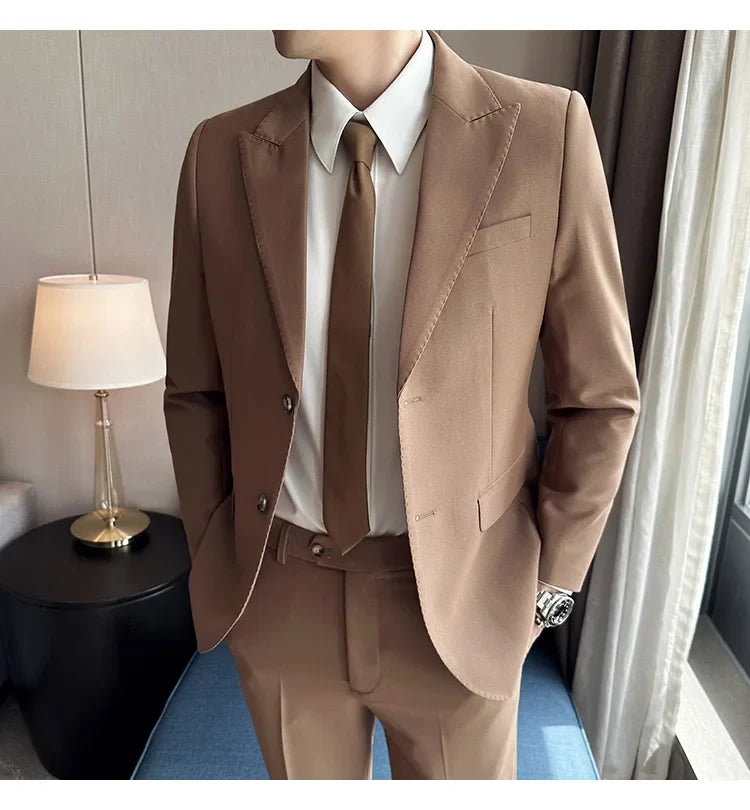 Jacket + Pants 2 Pieces Men's Elegant Fashion Slim Fit Suits Formal Business Wedding Tuxedos Casual Gentleman Solid Dress Suit