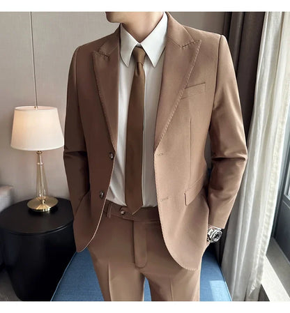 Jacket + Pants 2 Pieces Men's Elegant Fashion Slim Fit Suits Formal Business Wedding Tuxedos Casual Gentleman Solid Dress Suit