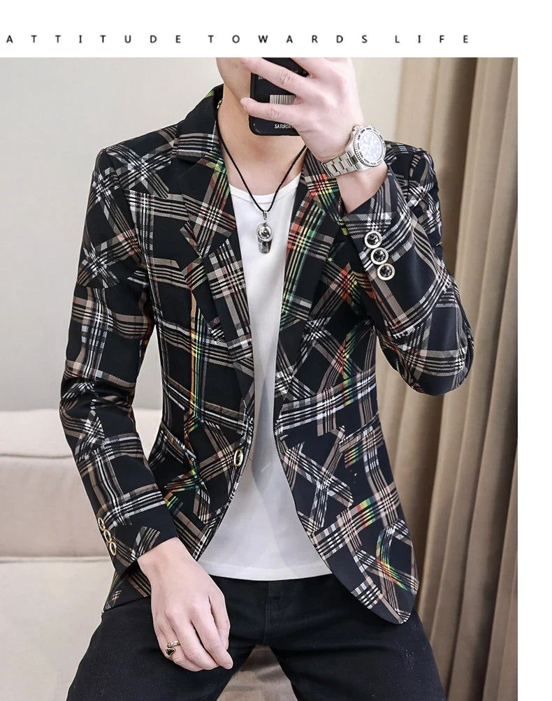 Blazer New Men's Fashion Business Plaid Gentleman Slim Fit Shopping Outdoor Performance Wedding Banquet Casual Blazer