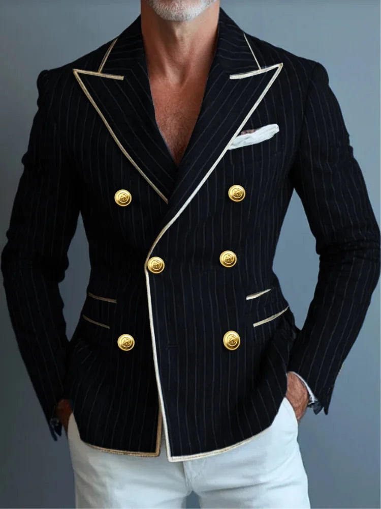 Business Fashion Suit Jacket Striped Suit Jacket with Double Row Metal Buckles Blue Blazer Striped Jacket Man Top Man Coat