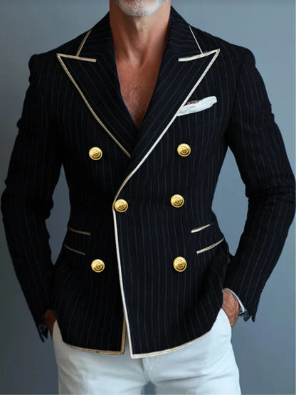 Business Fashion Suit Jacket Striped Suit Jacket with Double Row Metal Buckles Blue Blazer Striped Jacket Man Top Man Coat