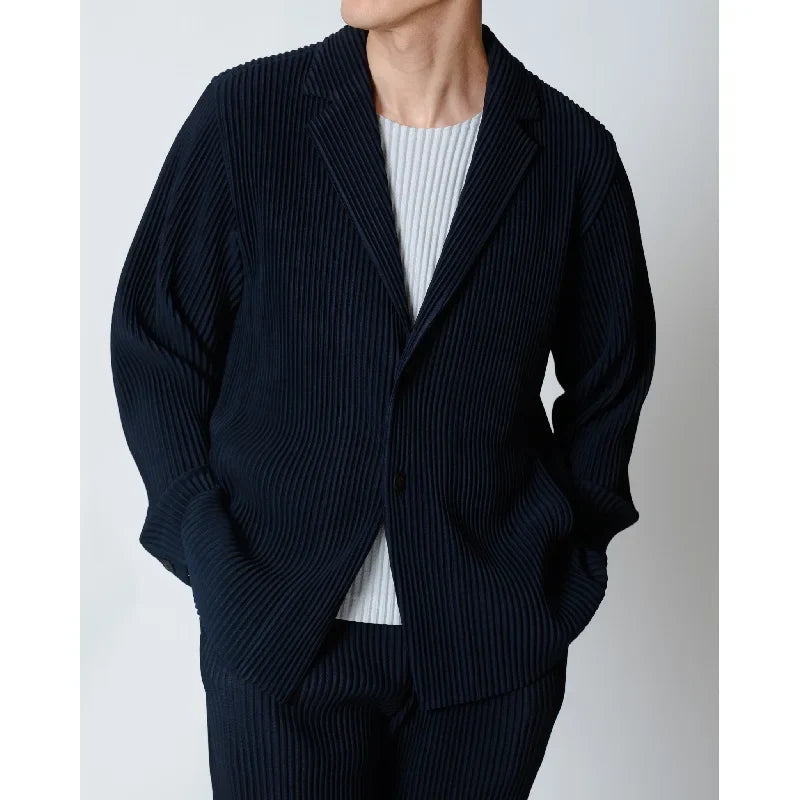 Miyake Pleated Men's Blazer Jacket Japanese Style Slim Fit Suit Coat Stretch Business Casual Office Fashion Luxury Wrinkle Free