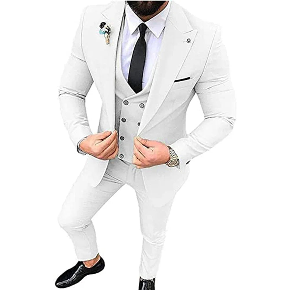Beige Men's Suits Groom Tuxedos Slim Fit Business Casual Peak Lapel 3 Piece Suit Set Costume Homme (jacket+pants+vest)