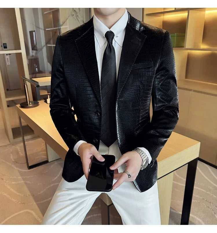 2026 Crocodile Patterned Leather Suit Jacket Men Slim Fit Business Casual Leather Jacket Wedding Groom Party Work Men Blazers