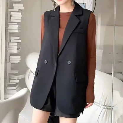 Vintage Sleeveless Suit Vest Fashion Casual Lapel Suit Waistcoat 2025 Summer Women Office Double Breasted Split Back Outwear