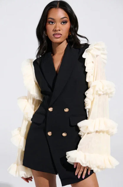 Spring Autumn New Women Blazer Double Breasted Ruffled Long Sleeve Patchwork Slim Fit Elegant Fashion Trendy Jacket HK13405