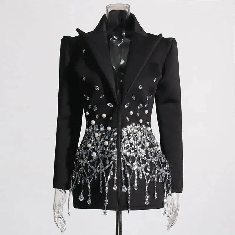 Sexy Socialite Style Blazer Dress 2025 Spring Autumn New Women's Turn-Down Collar Long Sleeve Sequin Diamond Jacket  HK8313