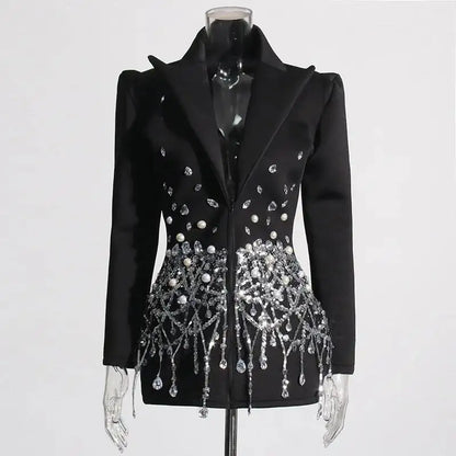Sexy Socialite Style Blazer Dress 2025 Spring Autumn New Women's Turn-Down Collar Long Sleeve Sequin Diamond Jacket  HK8313