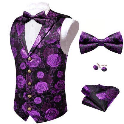 Men's Jacquard Floral Vest – Notched Lapel Waistcoat with Bowtie for Wedding & Formal Events