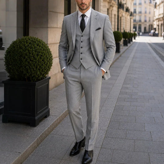 Men Suit Gray 3 Piece Solid Single Breasted For Wedding Groom Banquet Party Prom Business Work Office Set Jacket Vest With Pants