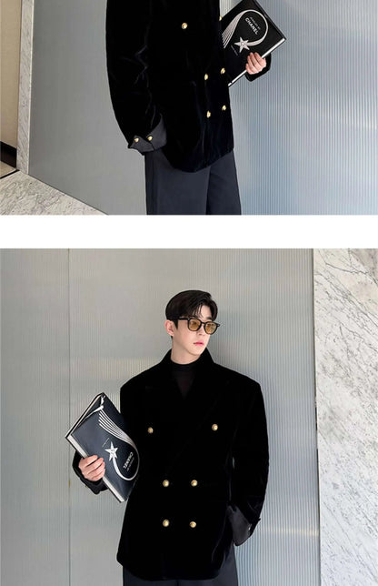 Double Breasted Korean High Quality Blazer Original Elegant Temperament Casual Male Suit Jackets Velvet New Coats LZ7346