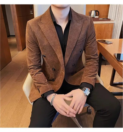 Autumn Winter Corduroy Suit Jacket Purple Man Suit Coat Solid color Double breasted slim fit Suit Man tops
