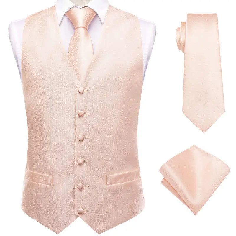 Men's Vest Double Breasted Satin V-Neck Waistcoat with Tie and Pocket Square 3-Piece Set for Weddings and Formal Events