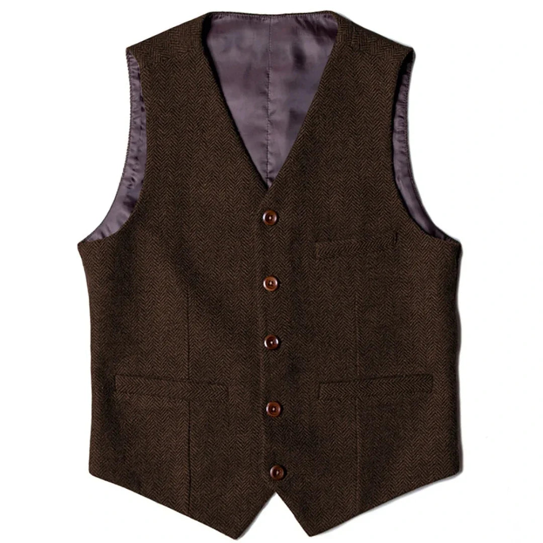 Men's Herringbone Vest Single Button V-Neck Waistcoat for Wedding & Business