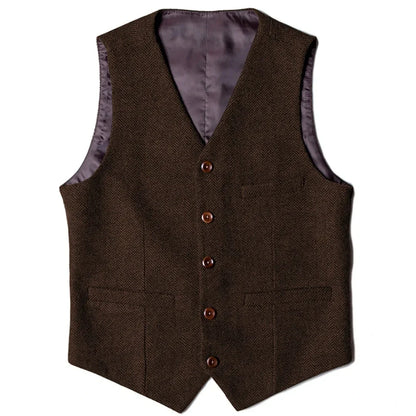 Men's Herringbone Vest Single Button V-Neck Waistcoat for Wedding & Business