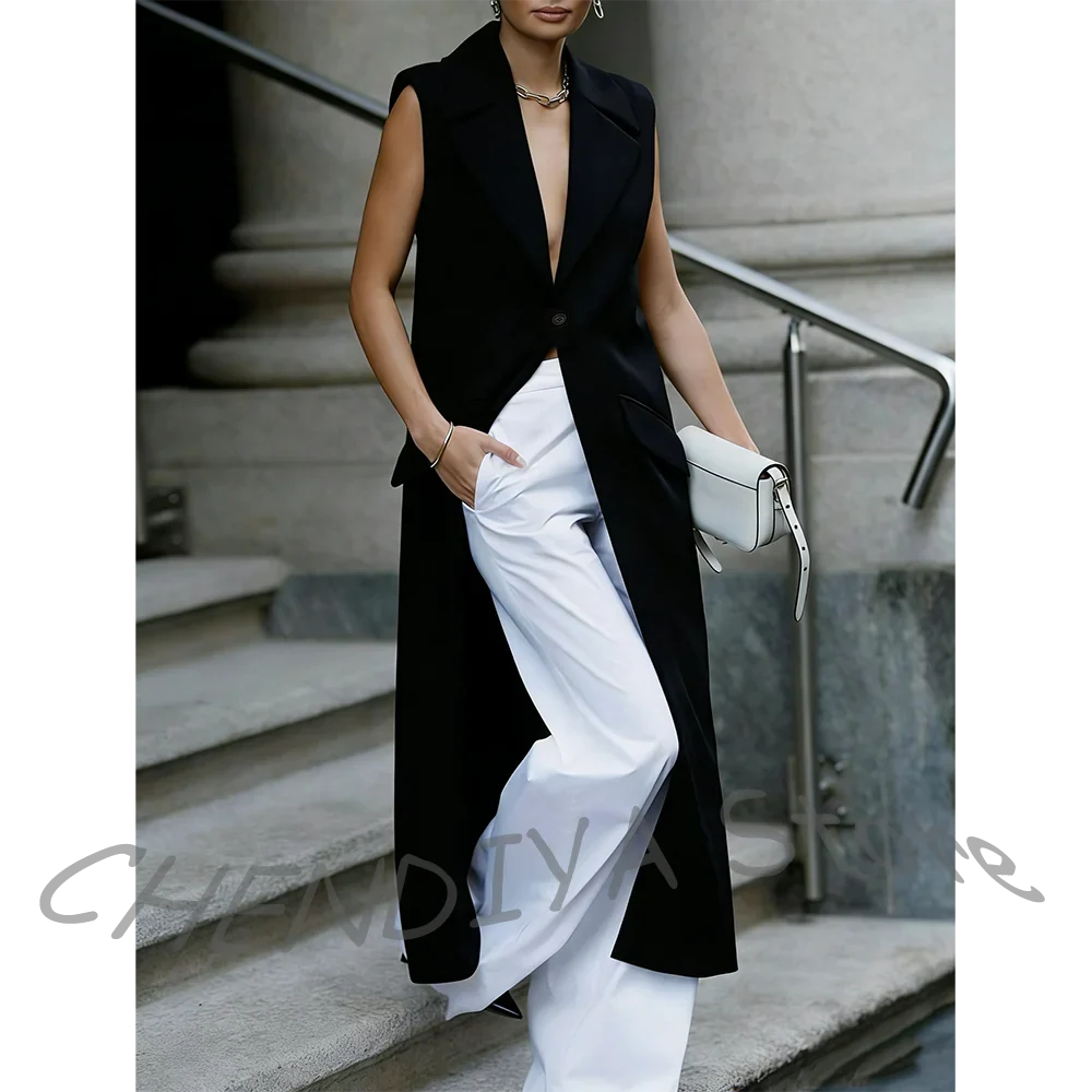 Minimalist Women's Pants Suit Chic Sleeveless Single Button Casual Outfit High Street Style Daily Set Long Jacket With Pants