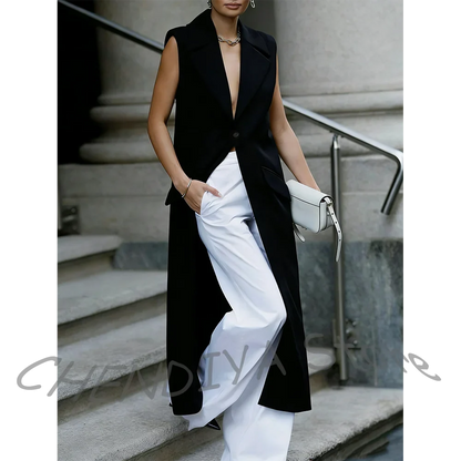 Minimalist Women's Pants Suit Chic Sleeveless Single Button Casual Outfit High Street Style Daily Set Long Jacket With Pants