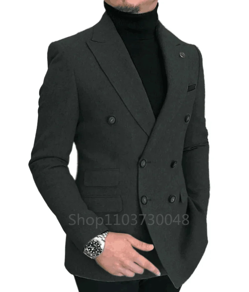Men's Woolen Blazer Jacket Peak Lapel Double Breated Suit Coat Slim Fit Male Casual Business Wool Men's Jacket For Autumn Winter