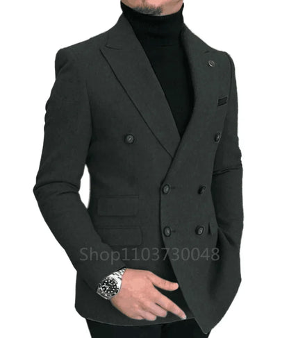 Men's Woolen Blazer Jacket Peak Lapel Double Breated Suit Coat Slim Fit Male Casual Business Wool Men's Jacket For Autumn Winter