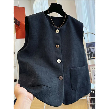 French Femme High End Waistcoat Tops Outwear Women Fashion Round Neck Sleeveless Jacket Spring Autumn Lady Solid Color Vest Coat