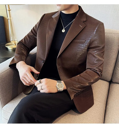 2026 Crocodile Patterned Leather Suit Jacket Men Slim Fit Business Casual Leather Jacket Wedding Groom Party Work Men Blazers