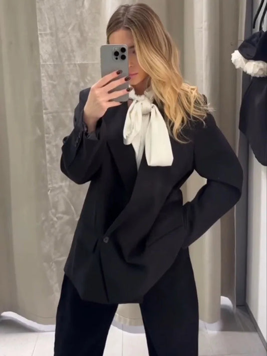 Women Fashion Double Breasted Pocket Lapel Design Black Blazer Coat Woman Long Sleeves Casual Loose Elegant Street Coat
