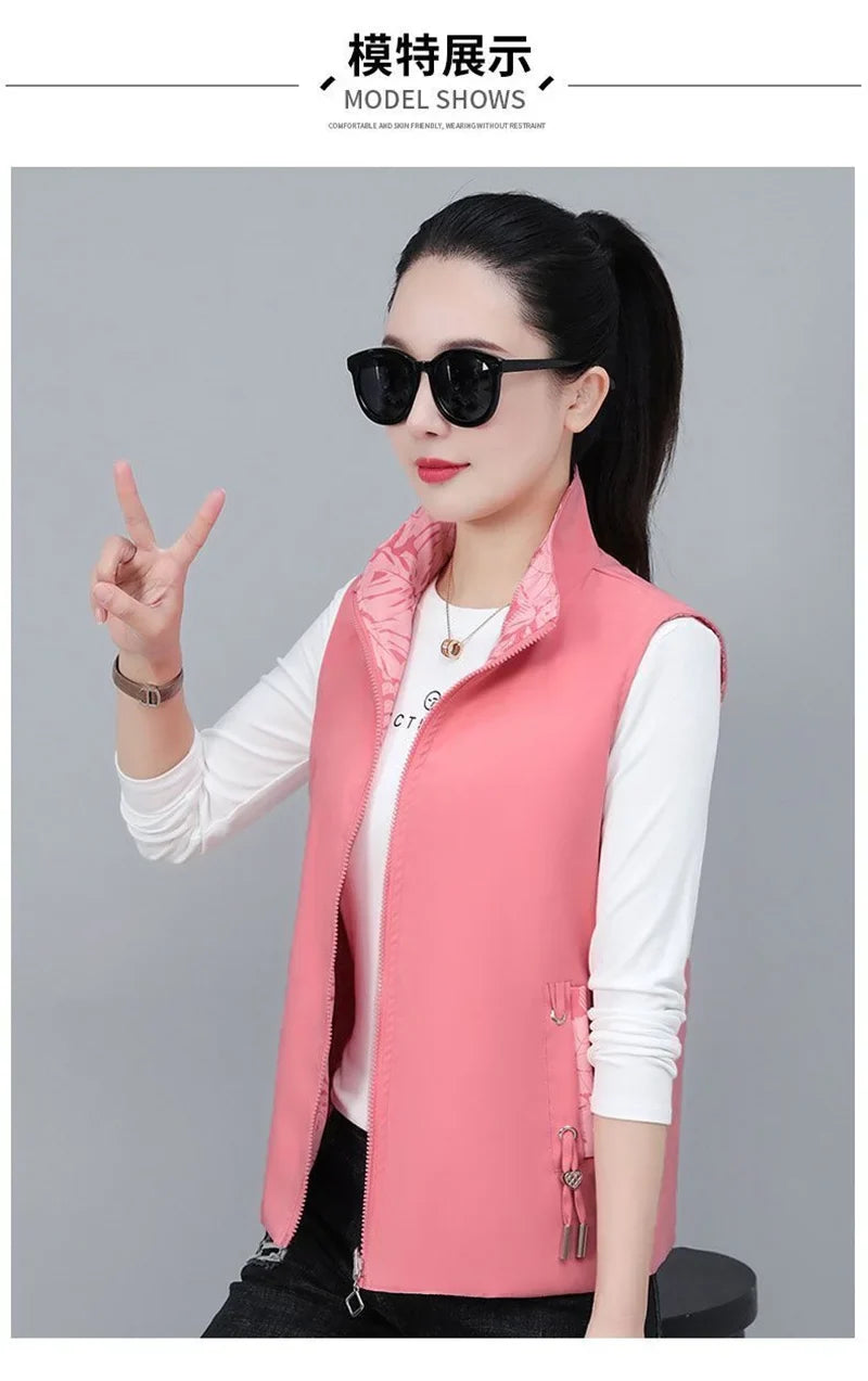 2026 Spring Autumn Women Double-sided Vest Fashion Stand Up Collar Sleeveless Jacket Female Waistcoat Casual Tops Chaleco Mujer