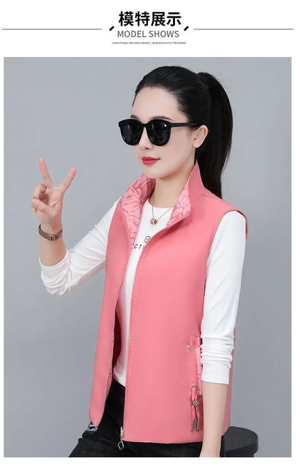 2026 Spring Autumn Women Double-sided Vest Fashion Stand Up Collar Sleeveless Jacket Female Waistcoat Casual Tops Chaleco Mujer